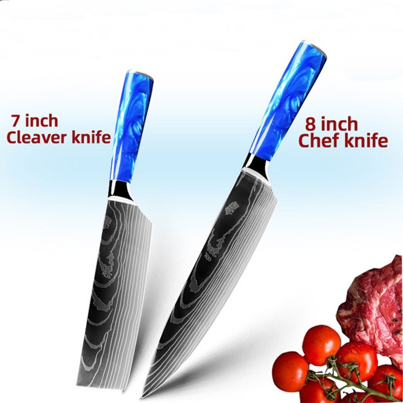 2PC Kitchen Knives Set Japanese Damascus Style Stainless Steel Chef Knife