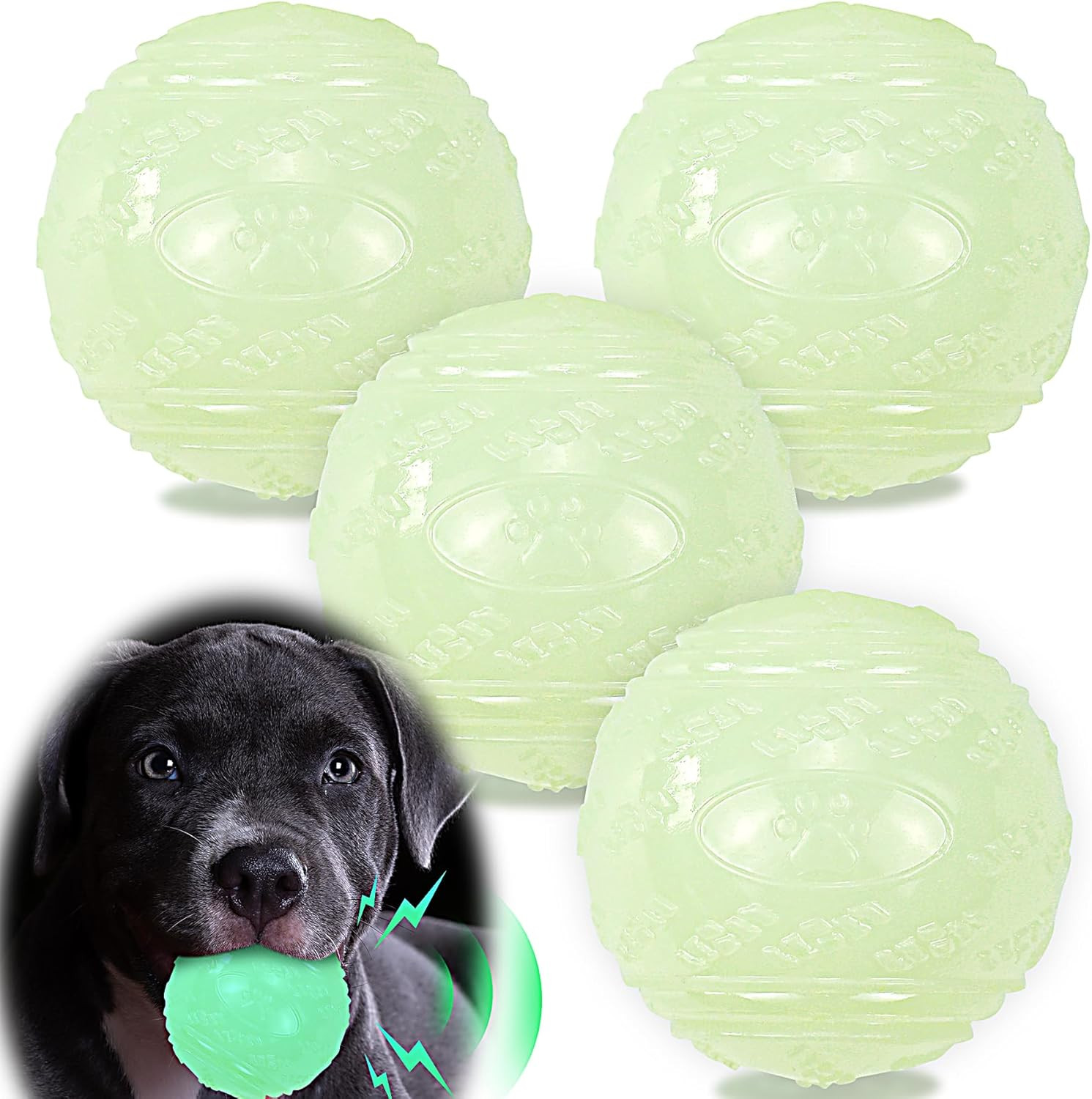 4-Pack 2.5&rdquo; Glow in the Dark Squeaky Dog Balls Durable Glowing Bouncy Rubber