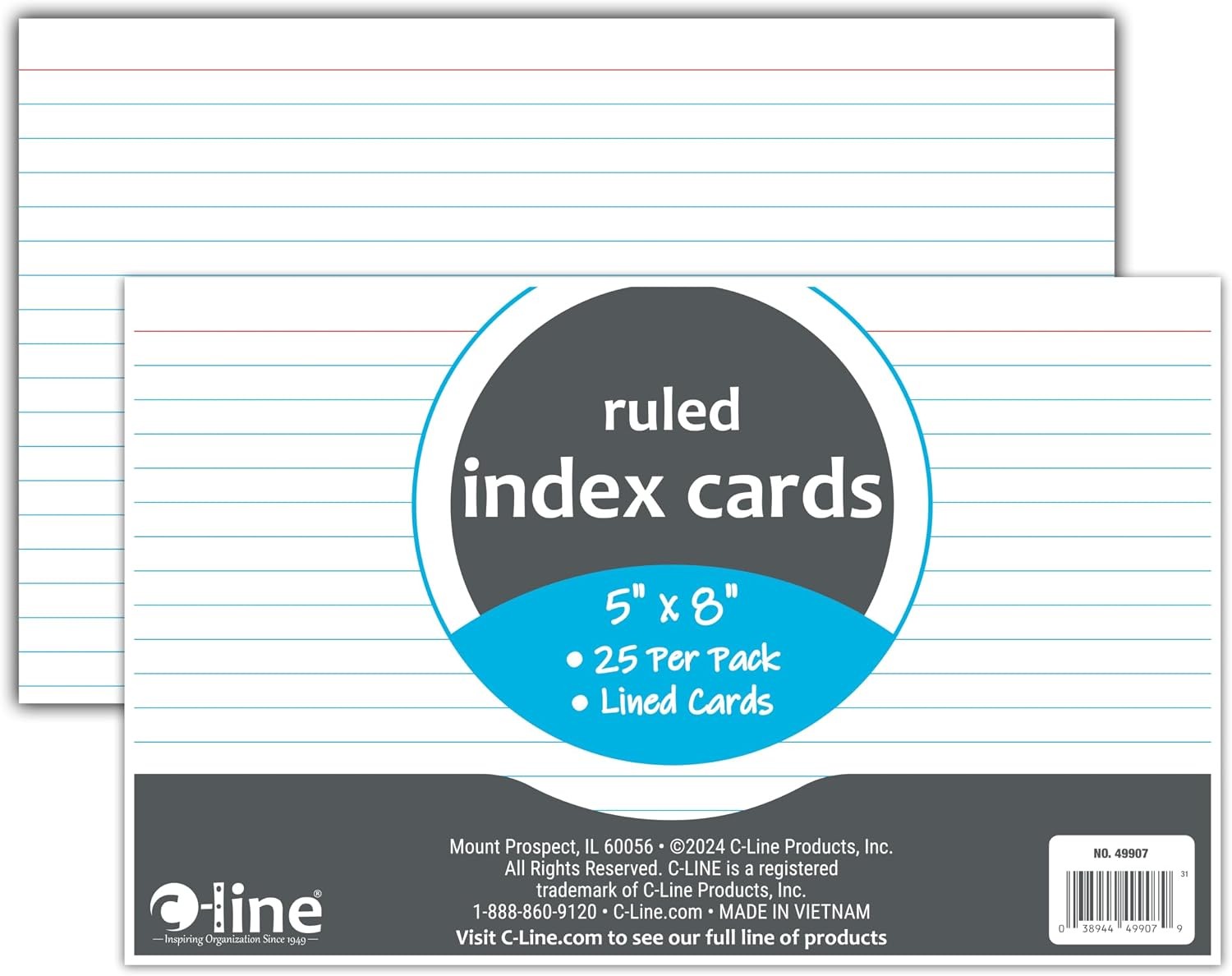 C-Line 5 x 8 Ruled Index Cards, White, 25/Pack (49907)