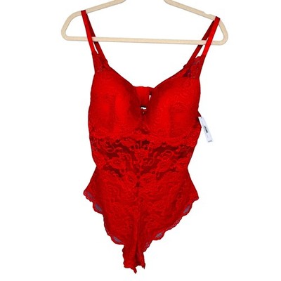 French Affair Red Floral Lace Push-Up Bodysuit Underwire Plus Size 1X