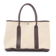 HERMES Garden Party PM Tote Bag Toile H Ash Buff Leather Light Beige #RC1895