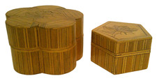 Vintage Handcrafted Bamboo Reed and Wood Trinket Boxes Carved Floral Tops / 2