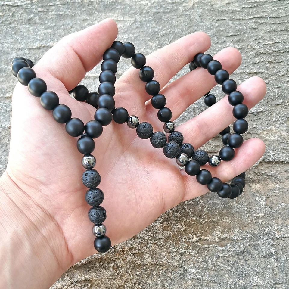 Herren Perlenkette Echt Onyx Lava perlen 10mm Stein Hämatit Schwarz Männer kette - Bild 3 von 4
