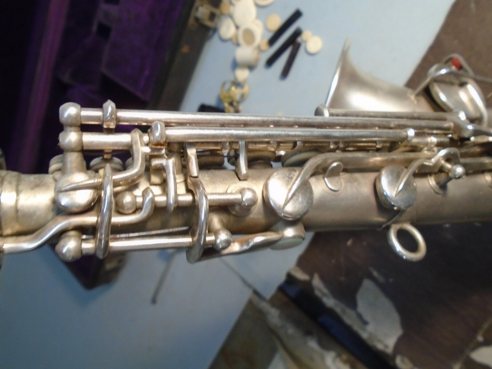 ANTIQUE CG CONN CURVED SOPRANO SAXOPHONE SILVER ELKHART INDIANA USA