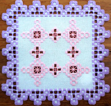HAND EMBROIDERED HARDANGER DOILY - WHITE w. LAVENDER & PINK 7.5 X 7.5" - NEW