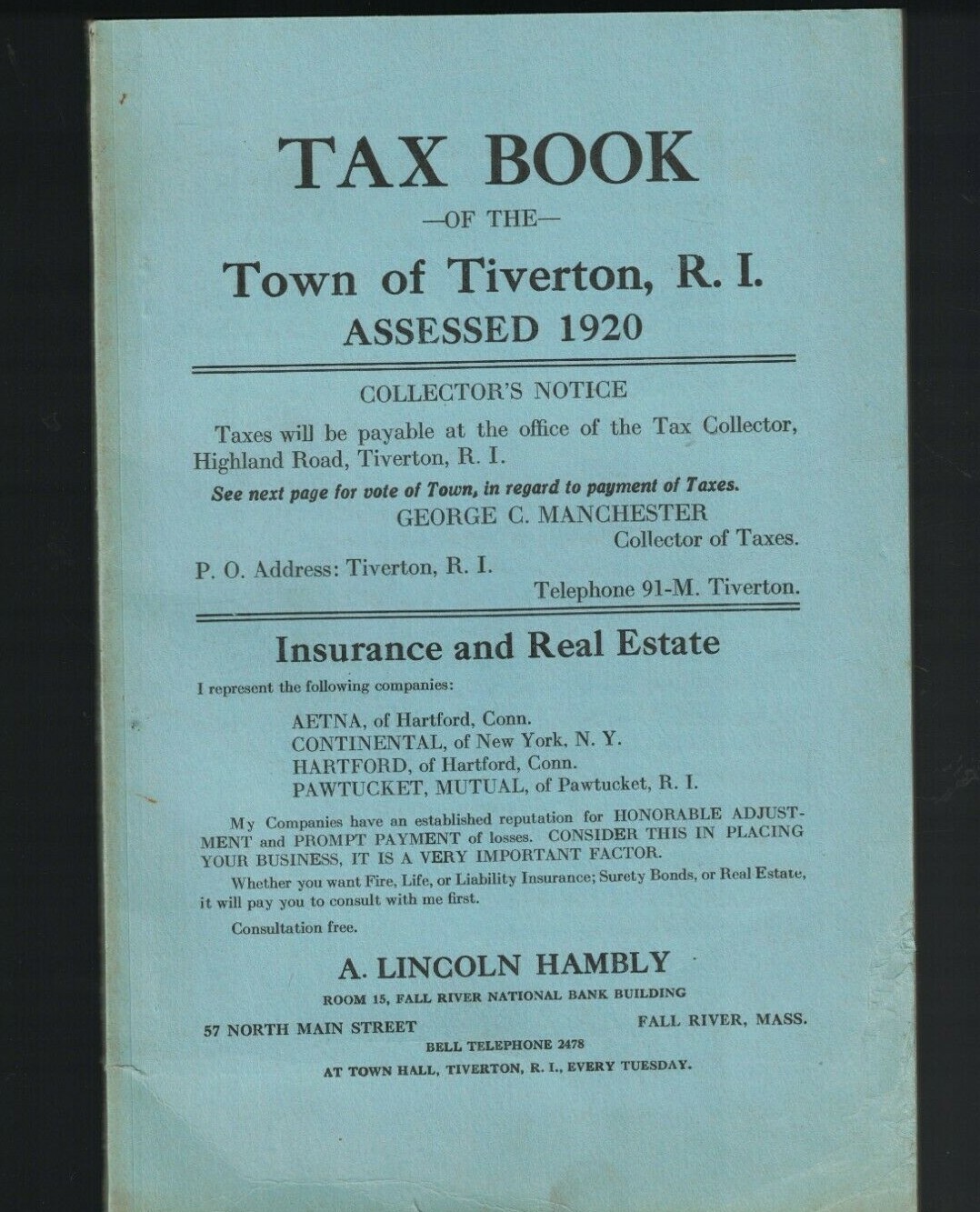 Tax Book of the Town of Tiverton Rhode Island Assessed 1920 eBay