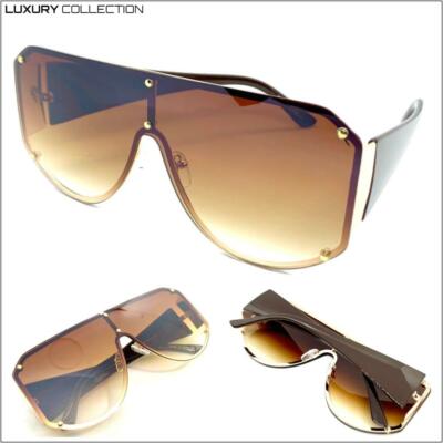 OVERSIZED Exaggerated Retro Modern Shield SUNGLASSES Large Rose Gold Brown Frame