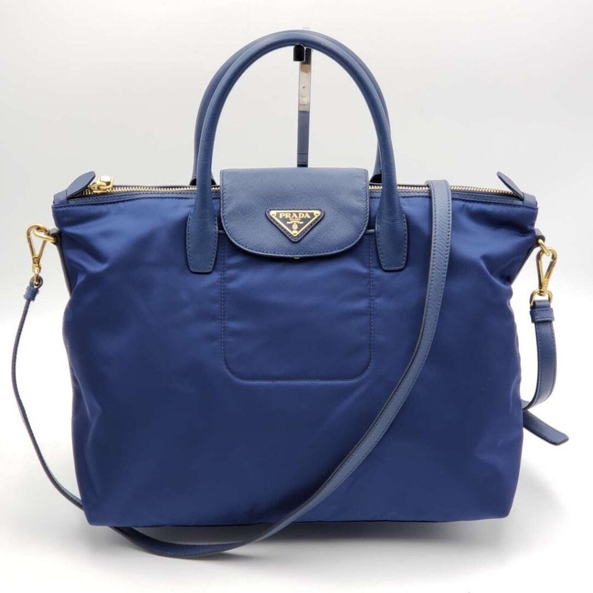 Authentic Prada Nylon Tote Bag Blue Tessuto Leather Trim Top