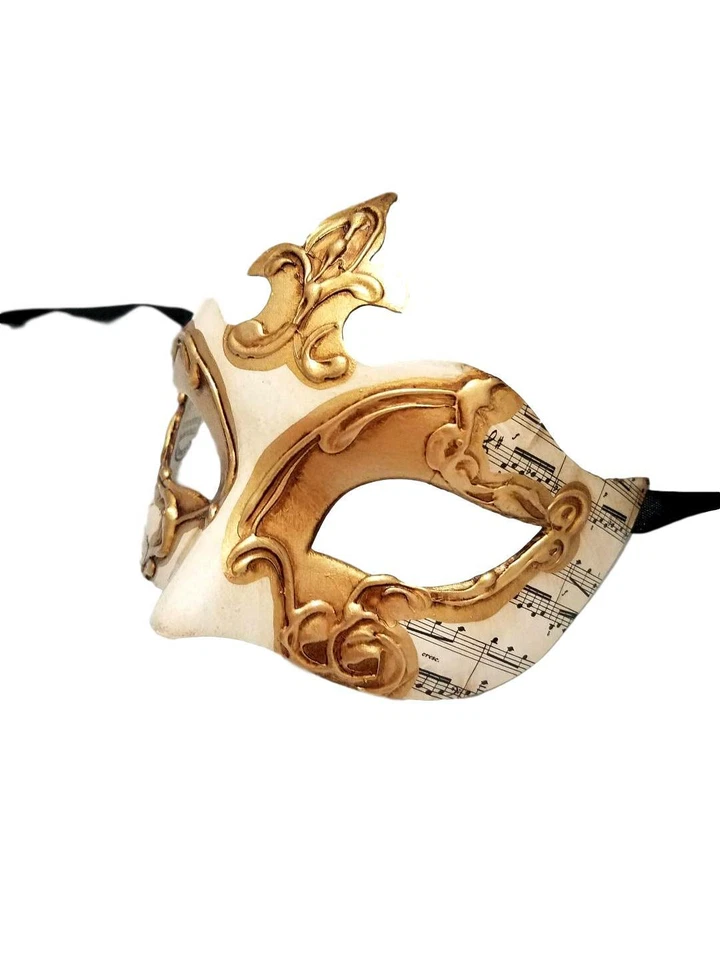 Máscara de Mardi Gras Flor de Lis Oro Blanco Italia Música Veneciana Italiana Foto 3 de 4