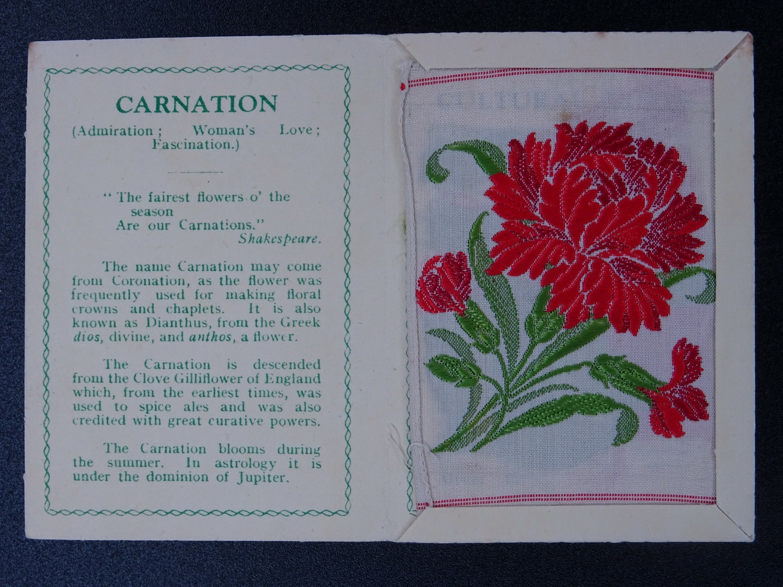 No.7 CARNATION Kensitas Flowers Silk (Large Cover S1) J.Wix & Sons 1934