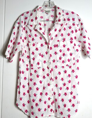 VTG White Pink Poppy Campshirt Womens M Classic Elements Button Town Top