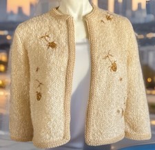 Vintage 1950s Lee Herwau CA Sweater Open Cardigan Boucle Yarn Gold Ivory Sz M