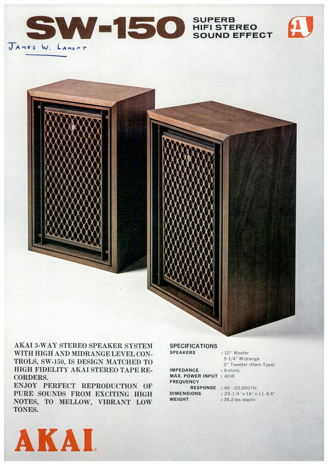 Akai SW-150 Speaker Dealer Data / Spec Sheet Brochure  *Original*