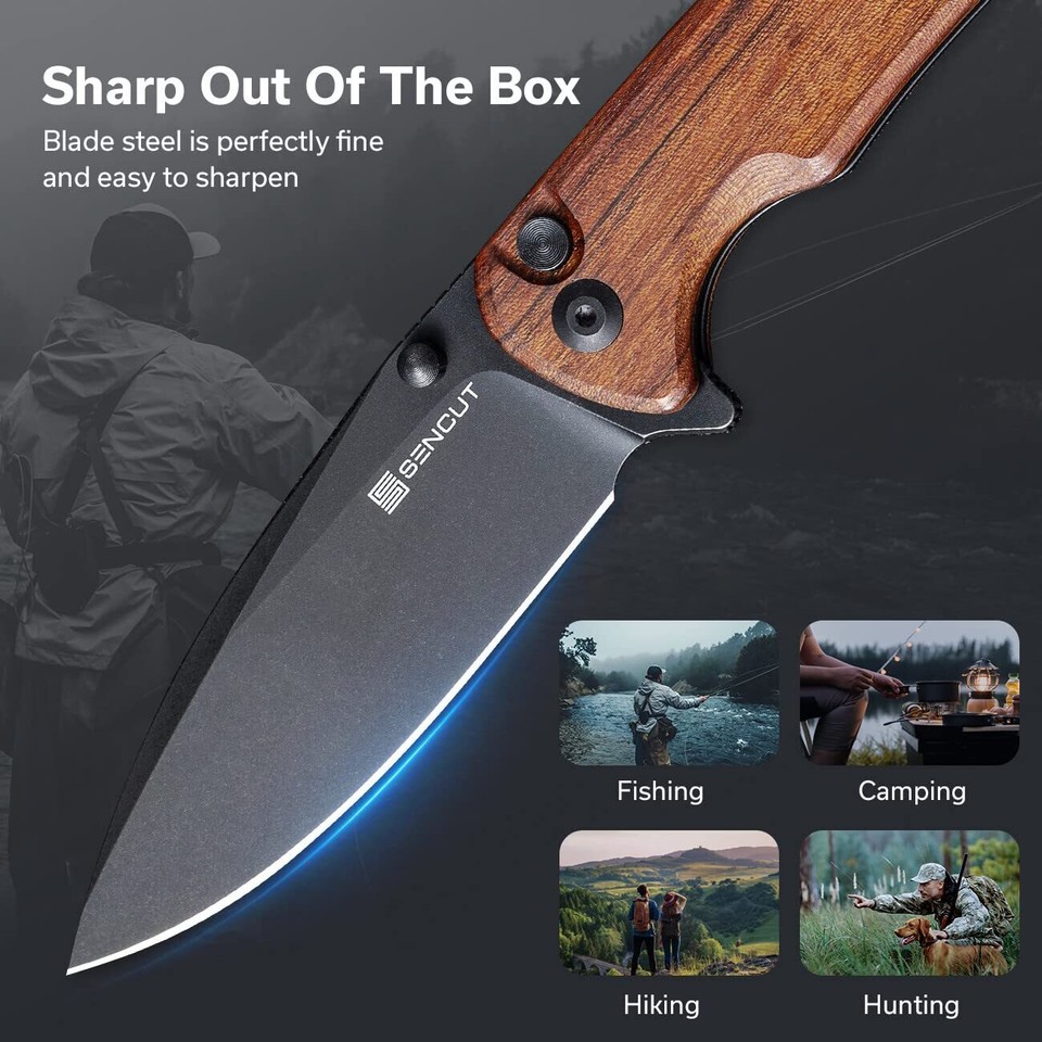 SENCUT Sachse Pocket Knife Folding Knife for EDC, Wood Handle 9Cr18MoV
