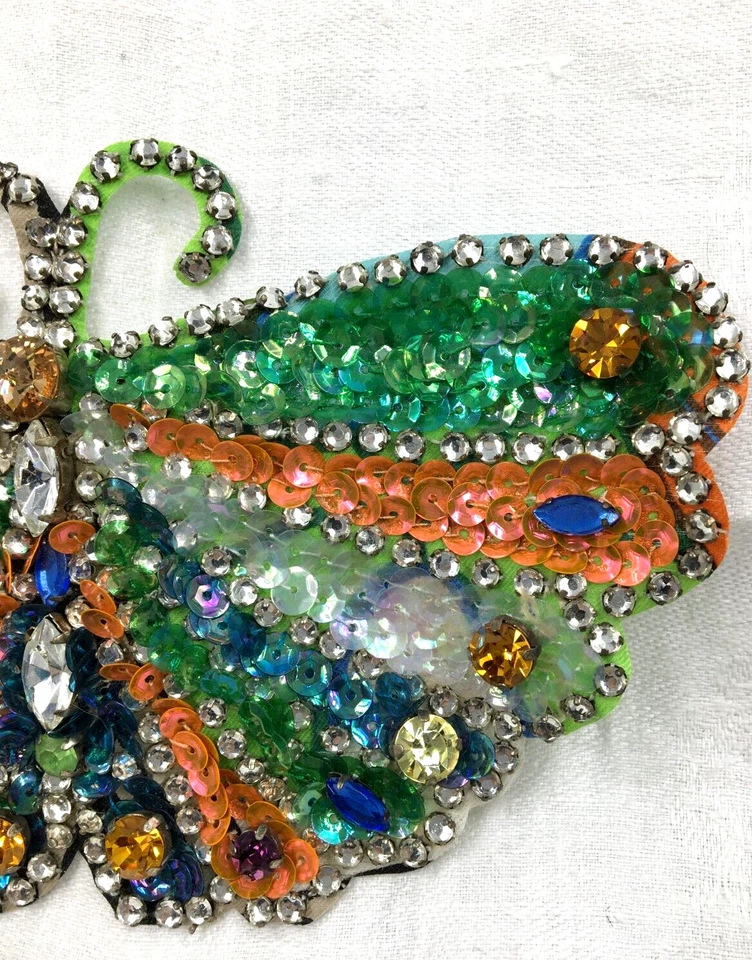 Joyas de vidrio mariposa grandes vintage con lentejuelas hechas a mano apliques para coser 7"x4" Foto 3 de 4