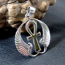 Solid 925 Sterling Silver Egyptian ANKH Cross & Wings of Goddess Isis Pendant