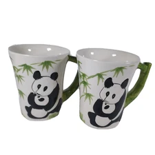 2 Panda Bear Pier 1 Imports 3 D  Coffee Mugs Hand Painted Stoneware