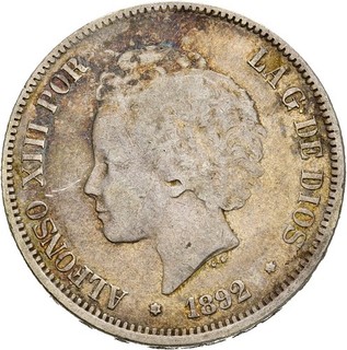 Künker: Spanien Alfonso XIII. 5 Pesetas 1892 Silber
