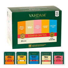 VAHDAM, Assorted Chai Tea Bags Sampler 5 Flavors, 20 Ecofriendly Pyramid Tea Ba