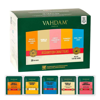 VAHDAM, Assorted Chai Tea Bags Sampler (5 Flavors, 20 Ecofriendly Pyramid Tea Ba