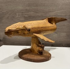 Vintage Hand Carved Wood Humpback Whale On Wooden Base 10 Long