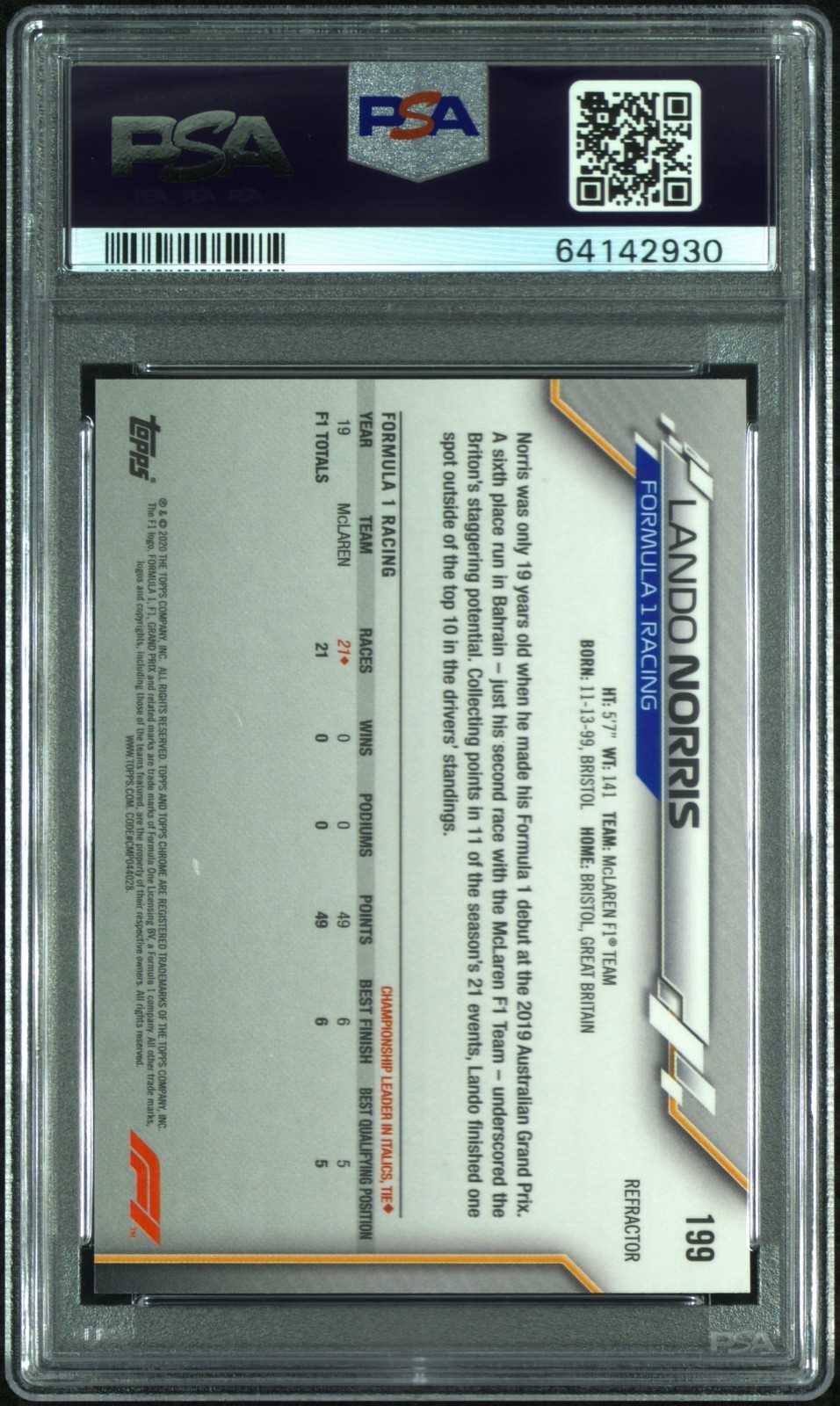 LANDO NORRIS 2020 TOPPS CHROME F1 REFRACTOR ROOKIE #199 MCLAREN PSA 10 view 2