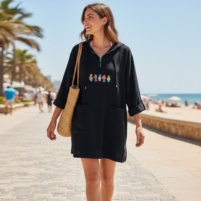 Fresh Produce Fish Embroidered Hoodie Tunic S/M Black Quarter Zip Beach Dress