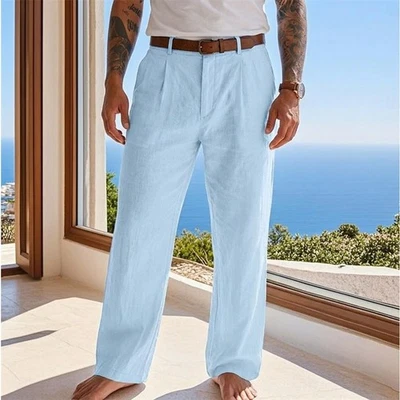 Herren Leinen Baumwolle Freizeithose-weites Bein volle Länge Sommer Strandhose/ - Bild 1 von 4