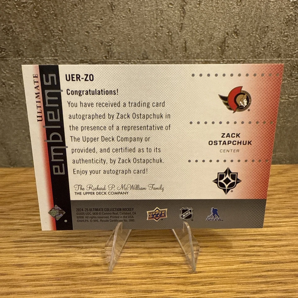 2024-25 Ultimate Collection RC Emblems Auto Zack Ostapchuk Ottawa Senators - Image 2 of 2