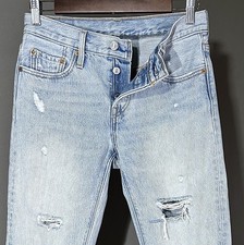 LEVI'S- 501 T Womens Tapered Jeans Size 24x28 Distressed Button Fly Light Wash