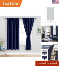 Navy Blue Thermal Insulated Blackout Curtains with Tiebacks, 42x63, Modern Style
