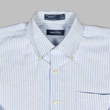 Nautica Oxford Shirt 16 32/33 Blue White Stripe Button Down Collar 100 Cotton