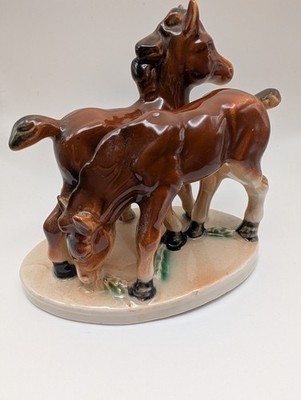 Vintage glossy bay foals figurine on white base - approximately 5 x 5 inches