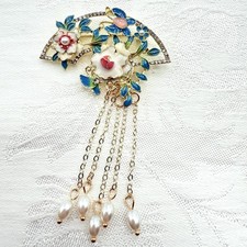 Enamel Flower Peony Wedding Brooch Pin w/ Faux Pearls  Tassels Dangling Design