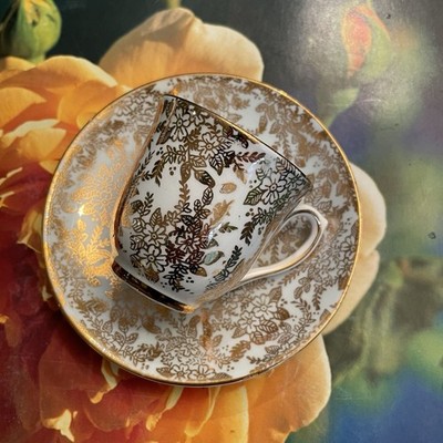 Colclough Bone China Turquoise Gold Filigree Leaves Demitasse Tea Cup & Saucer