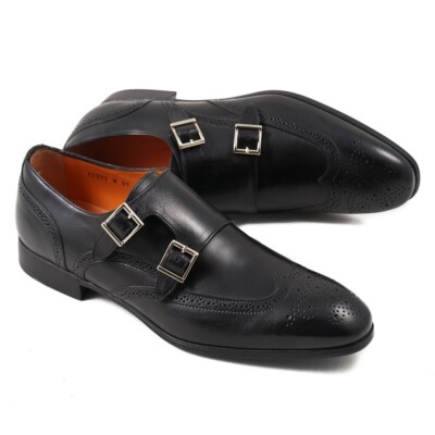 NIB $795 SANTONI Black Double Buckle Monk Strap Wing Tip Dress