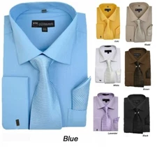 New Men's French Cuff Dress Shirt + Matching Tie +Handkerchief Spread Collar #27