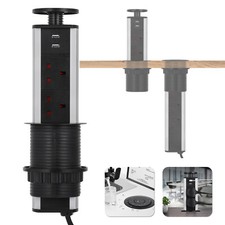 PULL POP UP Power Socket 2USB Port 3 UK Plug Kitchen Countertops Worktop Sockets