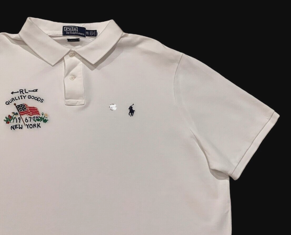POLO Ralph Lauren Y2K S 白金 ポロシャツユニオンジャック $138 Men Polo Ralph Lauren Pony Classic Fit USA US Flag New York