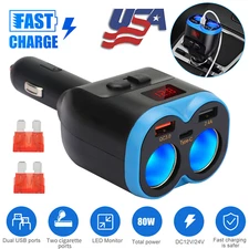 Dual USB Car Cigarette Lighter Socket Splitter Power Adapter Charger Outlet 12V