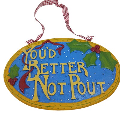  Oval Ceramic Hanging Christmas Wall Plaque Sign You'd Better Not Pout Gingham