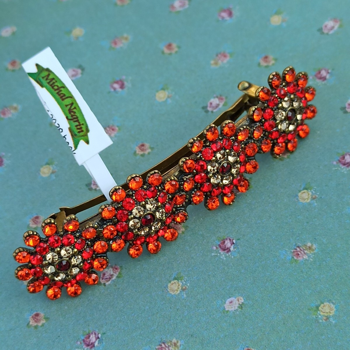 Michal Negrin Hair Clip Red Orange Royal Art deco & Swarovski