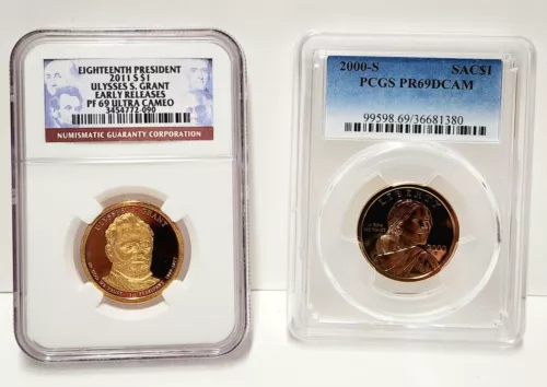 NGC 2011 S ULYSSES S GRANT $1 PF69 Ultra Cameo + 2000 S Sacagawea $1 PR69 DCAM