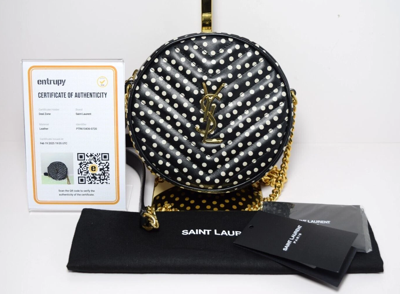 SAINT LAURENT (YSL) Borsa a tracolla Saint Laurent YSL bianca e nera rotonda trapuntata a pois