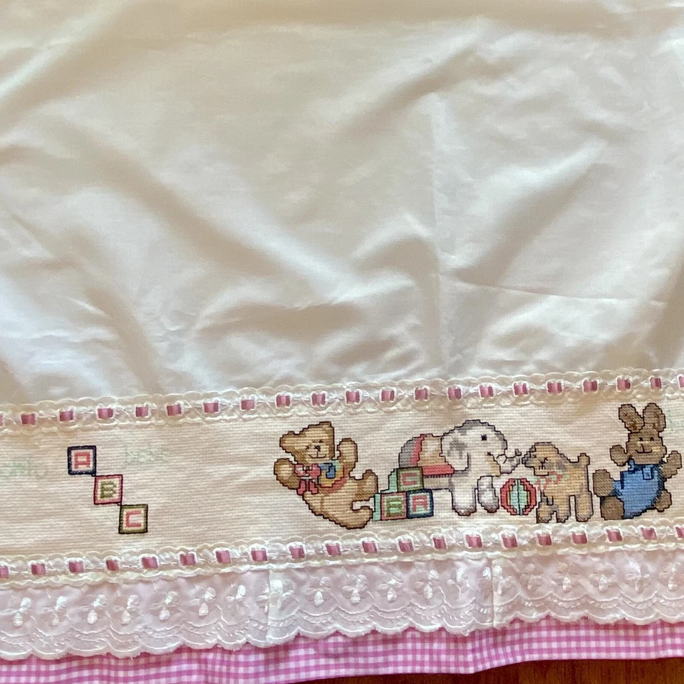 Handmade Cross Stitch Baby Crib Coverlet Pillow & Sham Pink Gingham “BONITO BEBE - Image 4 of 4