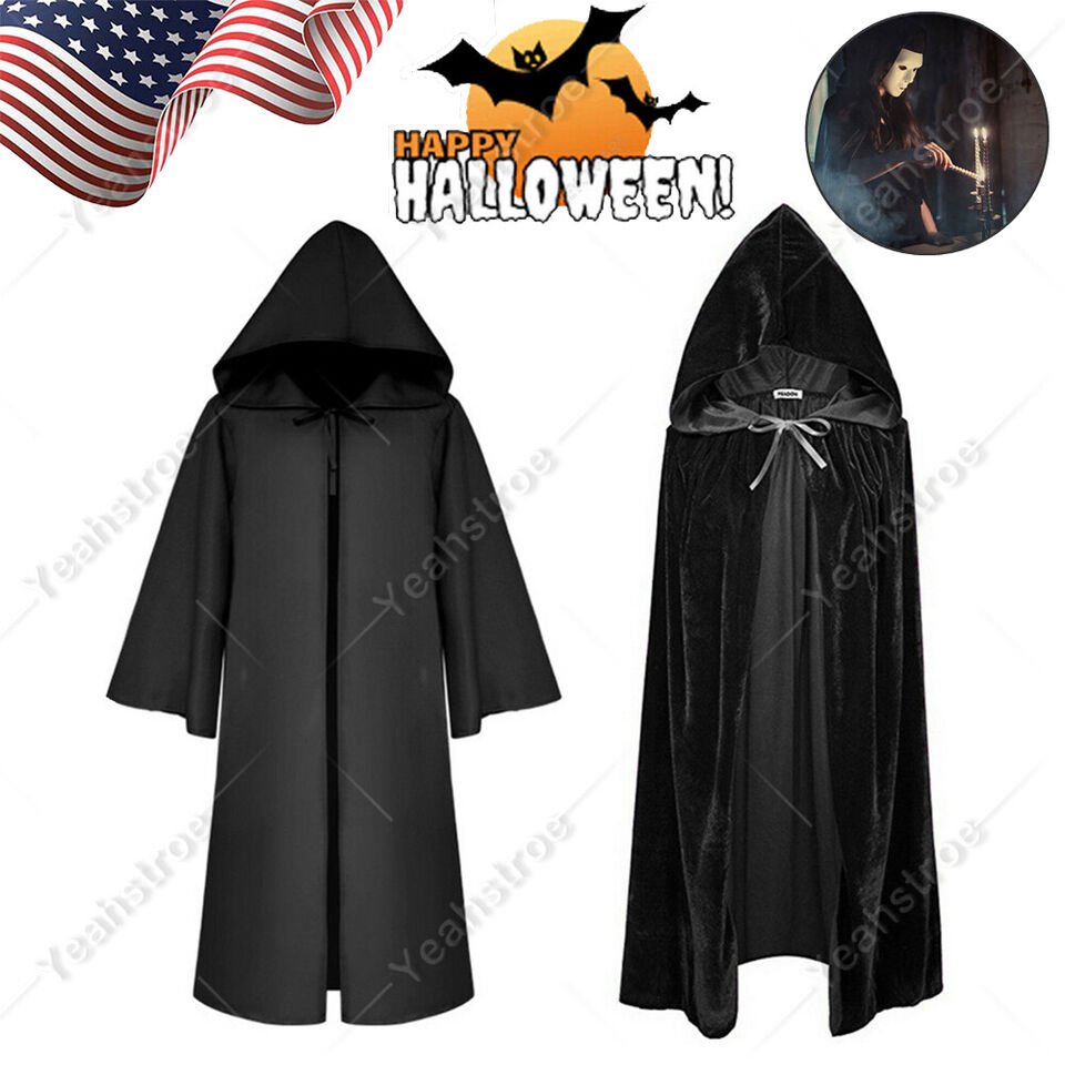 Medieval Velvet Hooded Cloak Wicca Long Robe Halloween Witchcraft Larp Capes US