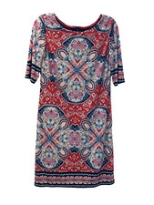 Eliza J Dress Shift Size 8 Red/Blue Floral Border Print Exposed Back Zipper