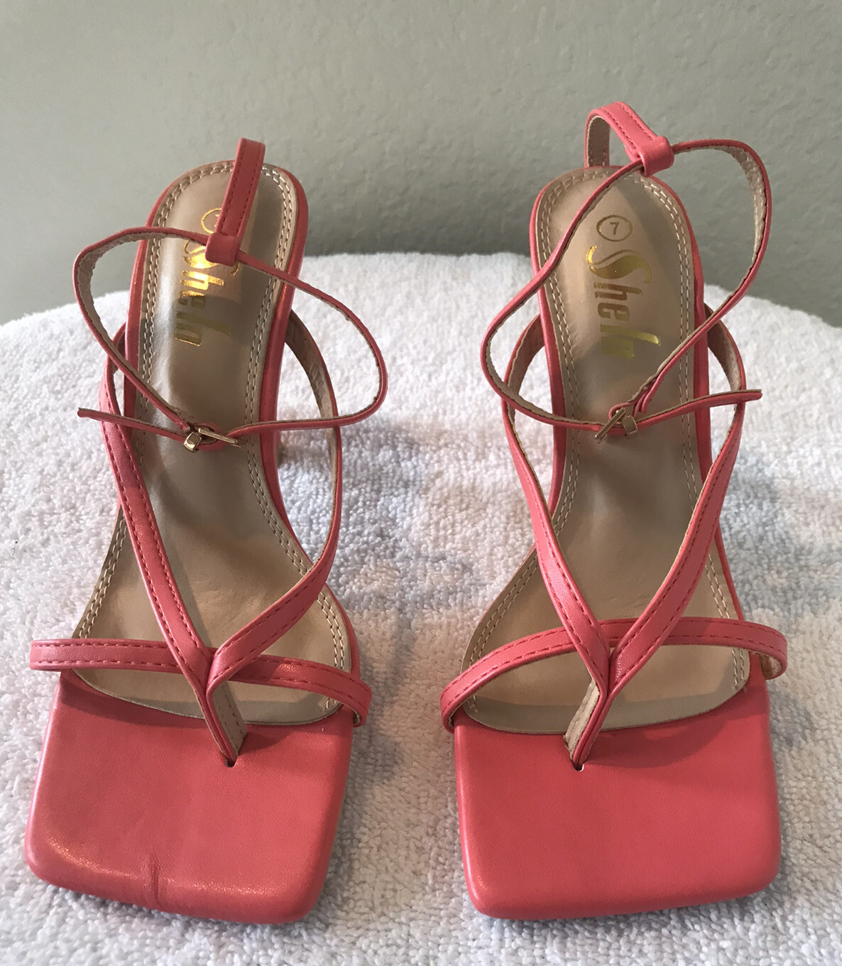 Sheln Womens Size 7M Pink Strappy Ankle Strap Square Toe High Heel Sandal