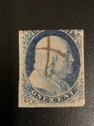 1852 US STAMP SCOTT # 9 USED, TOP CUT INTO DESIGN/ STILL HIGHLY COLLECTIBLE $100