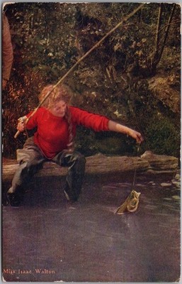 c1910s E.H. WRIGHT CO. Advertising Postcard Girl Fishing ''Miss Isaac Walton''